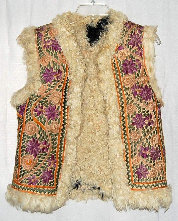 Rare Heavily Embroidered Fur Lined 60s Hippie Vest from Paris