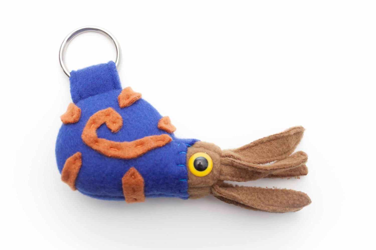 Extinct Ammonite Fossil Plush Keychain in Blue, Tan and Burnt Orange