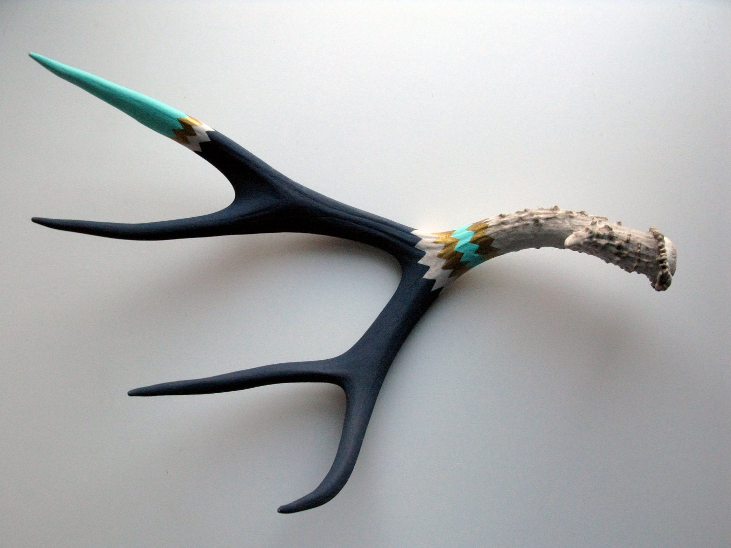 Gold, Aqua and Navy Double Chevron Mule Deer Antler - Large