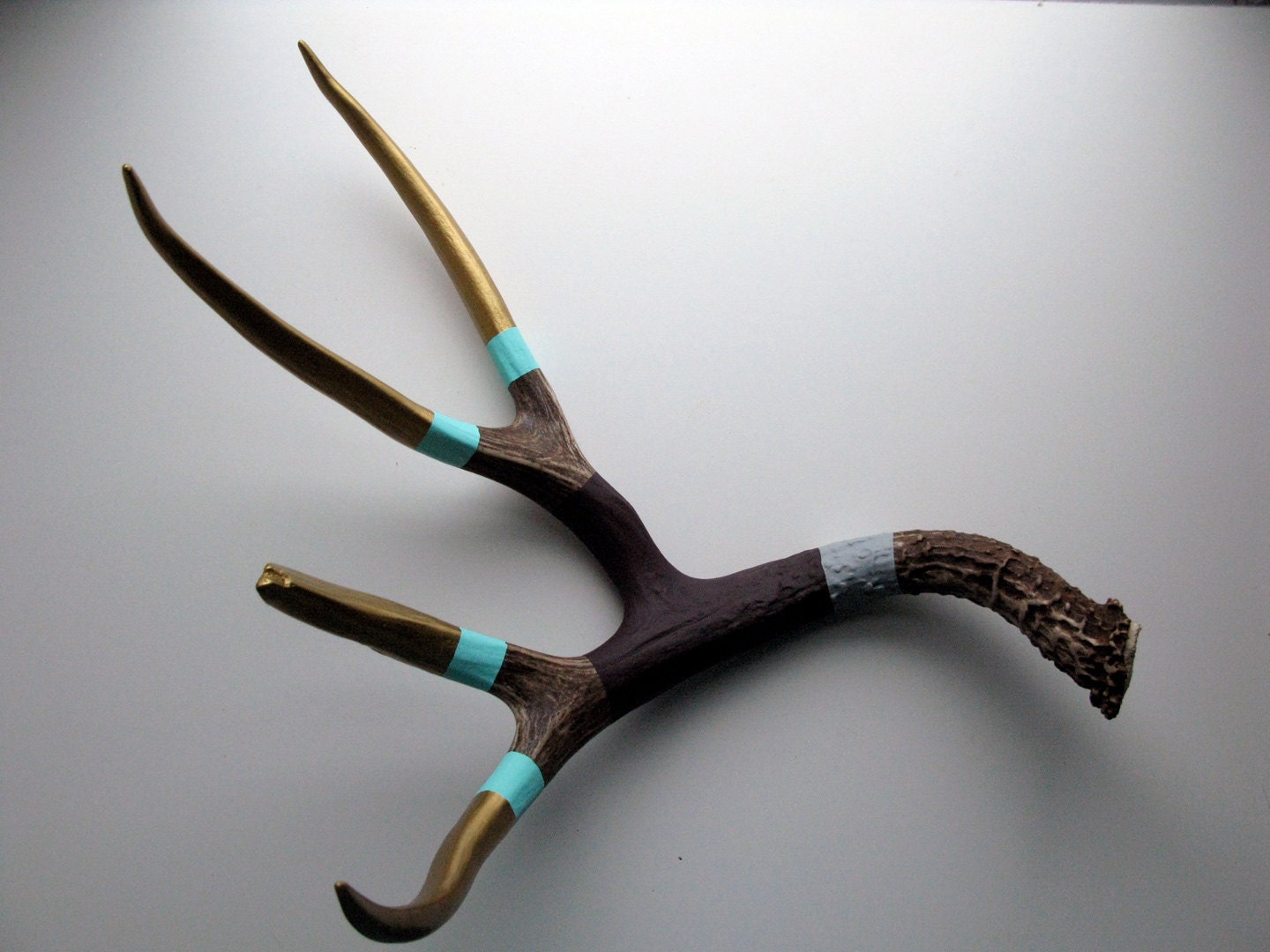 Gold, Aqua, Purple & Gray Striped Painted Antler - Extra Large