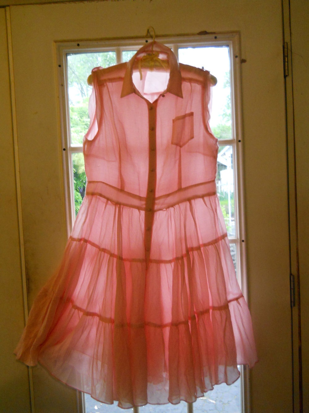 Pink Dream Chiffon Dress, Fully Lined, Buttoned Front, Pointed Collar, 3 Tiered Skirt, Fabric Covered Buttons Clothing Women
