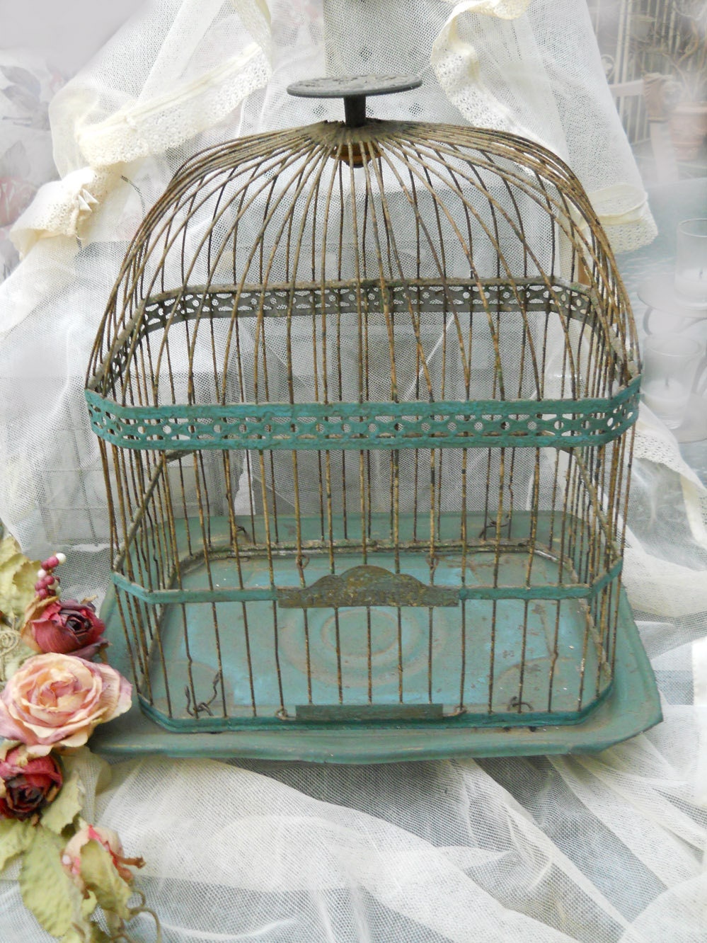 RESERVED or Nicole...Gorgeous Verdigris Hendryx Bird Cage- 1920's- 30's Beautiful Domed top, Beautifully Decorated Top Handle