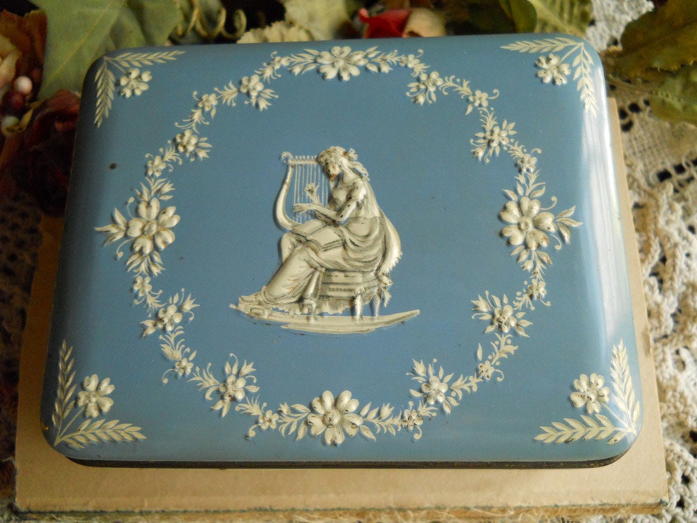 Vintage Wedgewood Blue Relief Metal Lidded Box- White Bas Relief Woman Playing Instrument- 3 Dancing Women On 4 Sides- Treasury Item