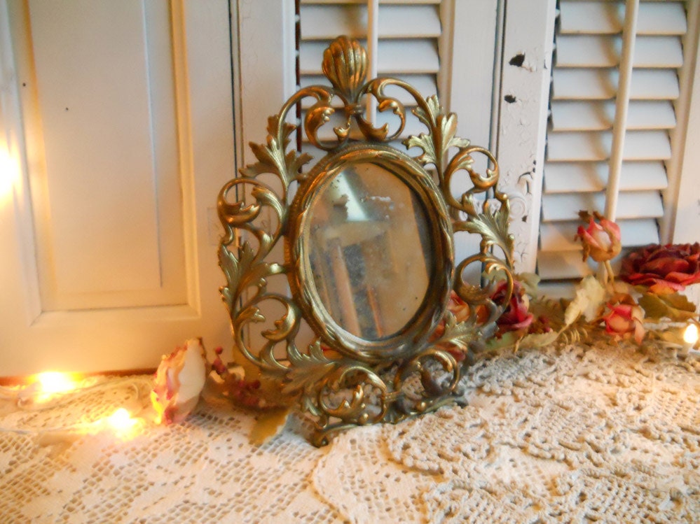 Vintage Victorian Heavy Metal Mirror Or Frame Decorated With Scrolls Of Acanthus Leaves and With Easel Back Leg..Treasury Item x 2