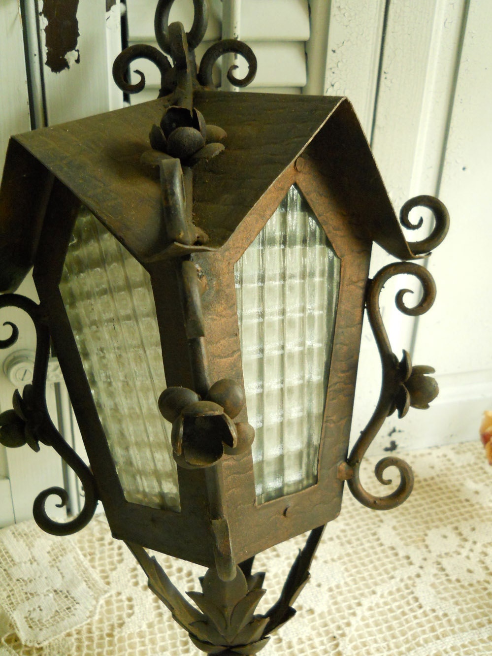 Vintage Garden Lantern Thick Grid Glass Panes And Metal, Scrolls, Barbola Trim, Bronze/ Black Color, Shabby Garden Decor Antiques Paris Apt