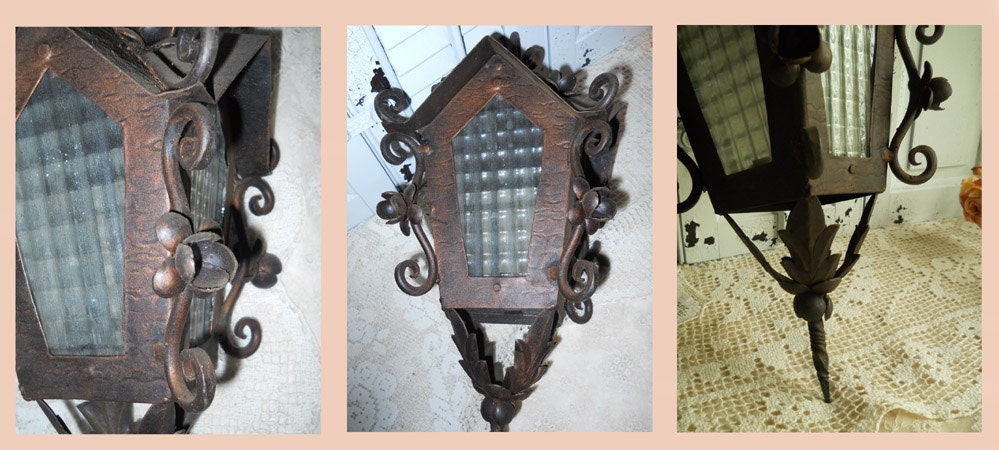 Vintage Garden Lantern Thick Grid Glass Panes And Metal, Scrolls, Barbola Trim, Bronze/ Black Color, Shabby Garden Decor Antiques Paris Apt
