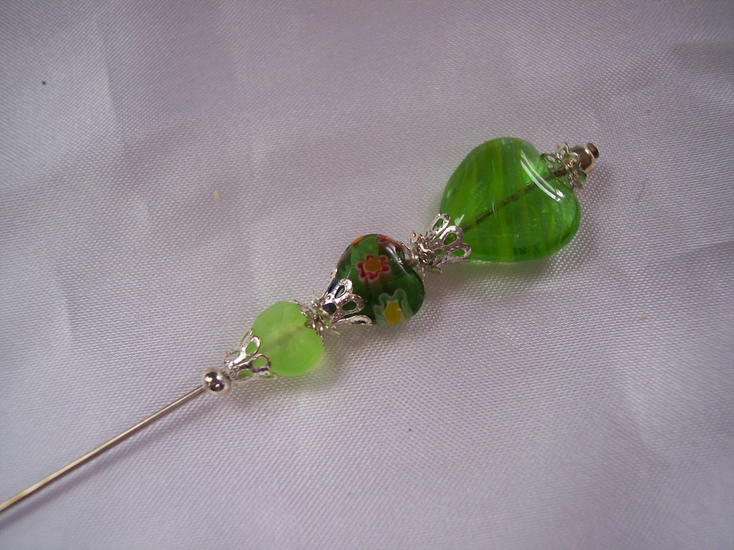 CLEARANCE - Witchy Hat / Hood / Veil Pin - Green Hearts - S&H Included