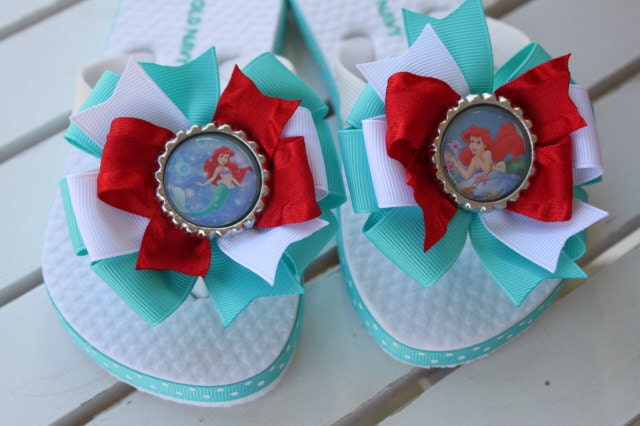 Made to match Ariel Flip Flops--The Little Mermaid-- Aqua, White and Red bow flip flops