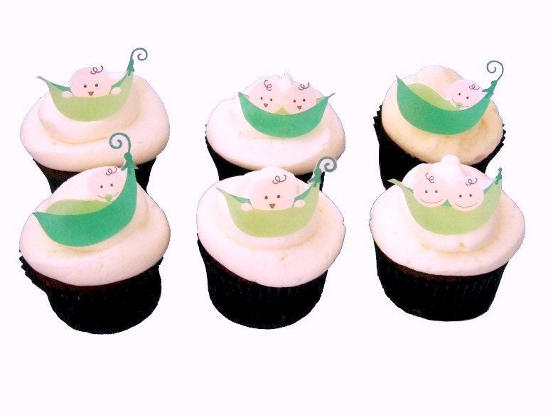 EDIBLE PEA PODS  - 12 Cupcake Toppers - Baby Shower Cake Decoration - Cupcake Toppers - Twins