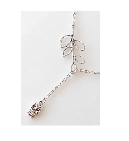 silver lariat necklace, tiny owl necklace, leaf lariat necklace animal jewelry, owl jewelry, owl lariat necklace whimsical silver necklace