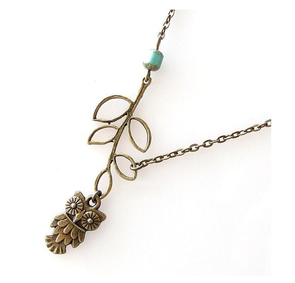 owl necklace, owl jewelry leaf necklace, antique brass necklace, branch necklace nature jewelry whimsical