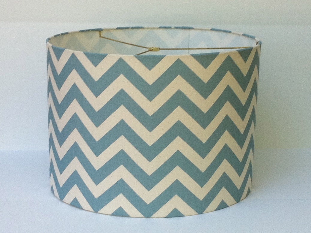 Drum Lamp Shade lampshade in blue and ivory chevron / zigzag print.