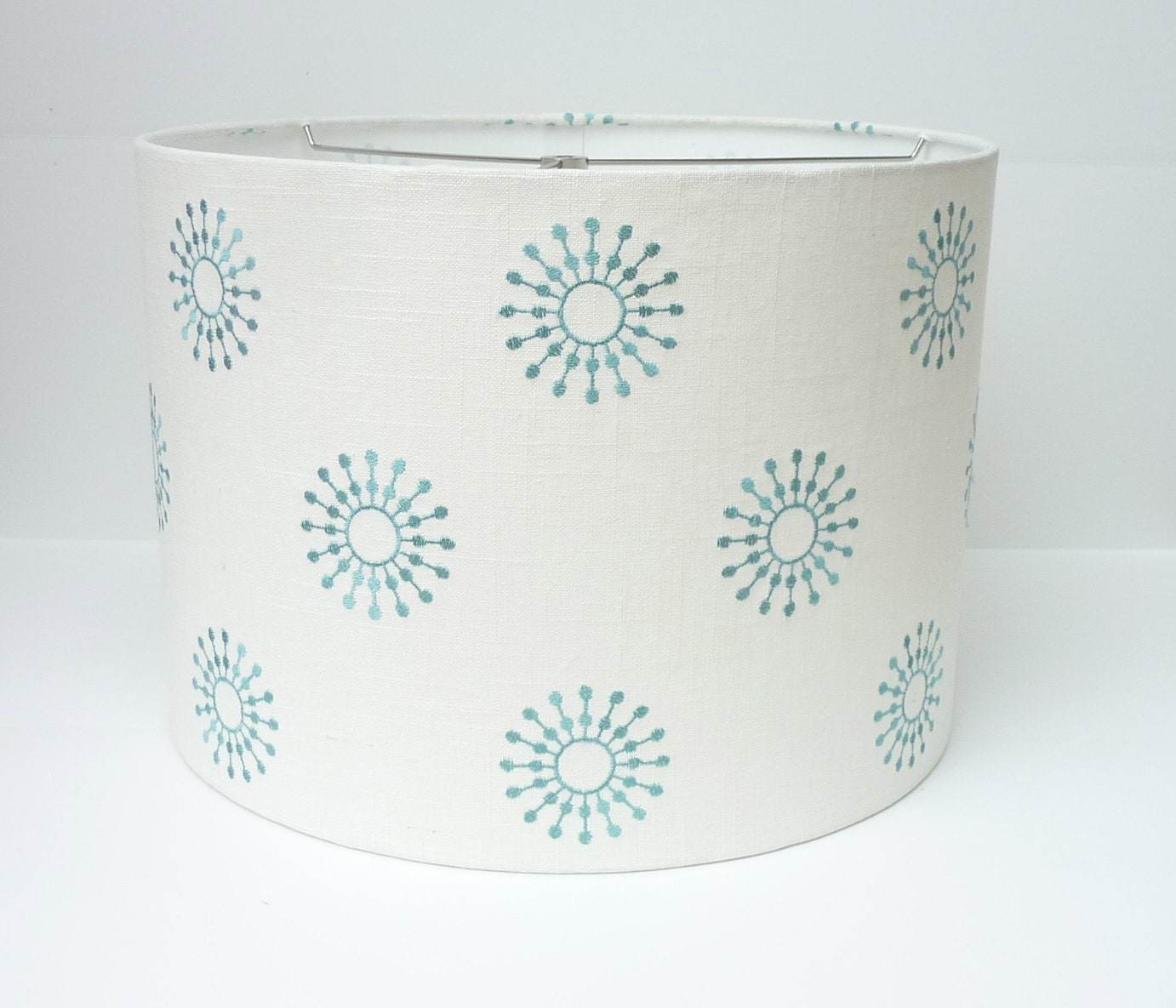 Drum Lamp shade in aqua embroidered fabric by LampShadeDesigns