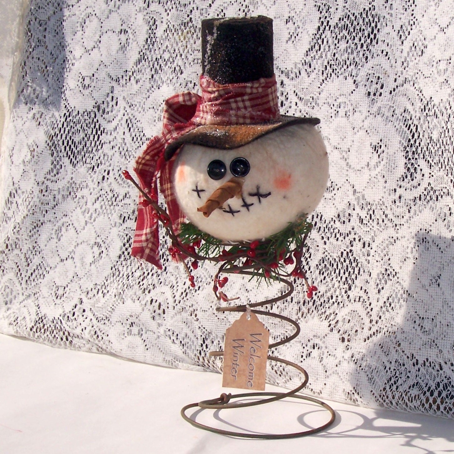 Primitive Snowman nodder make do ornie tea dyed  tree topper rusty spring
