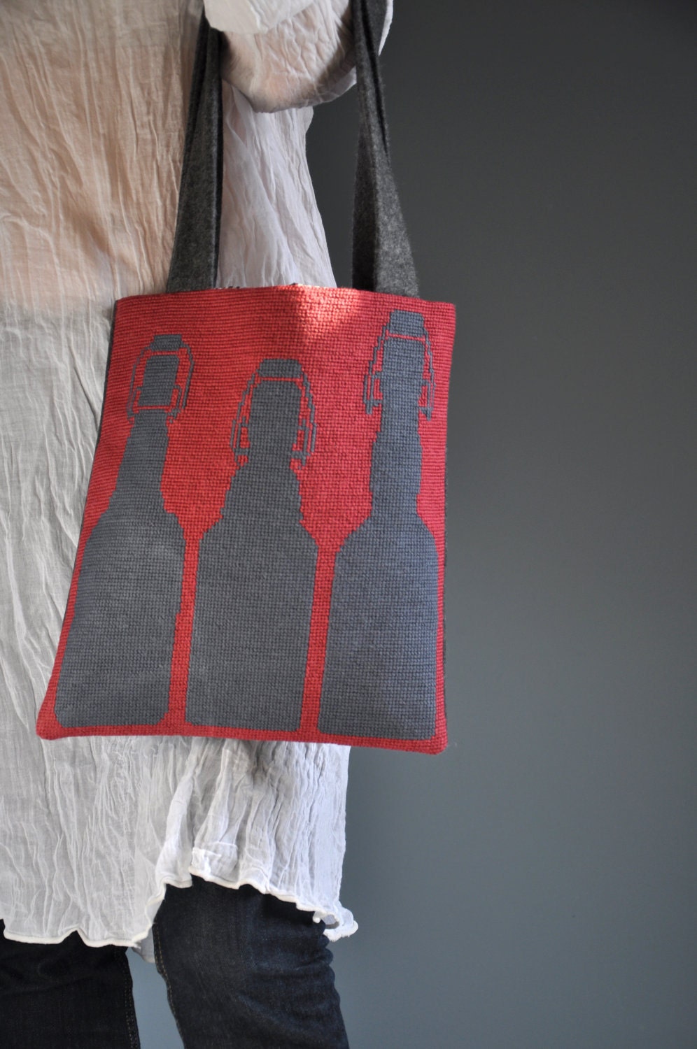 Bottles Bag / Handmade, needlepoint