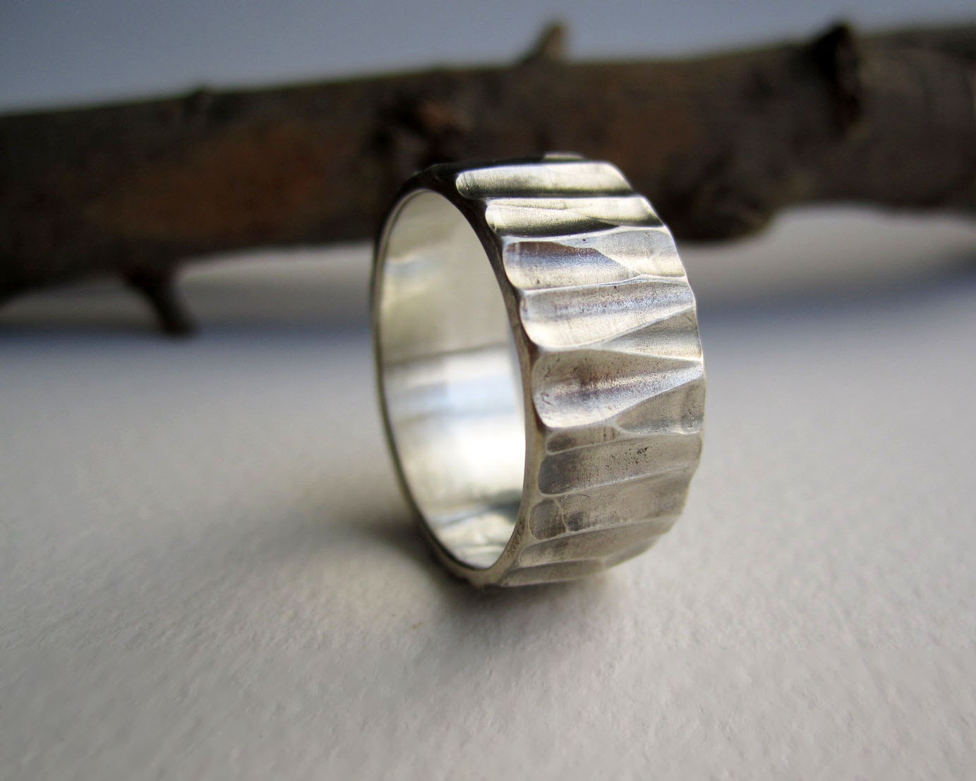 Mens Silver Ring-Wood cut 3, Mens's Wedding Band