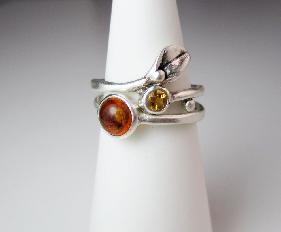 Amber & Citrine Set Rings, Silver Small Leaf Ring