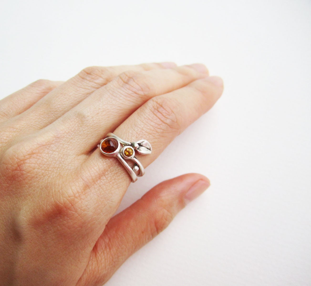 Amber & Citrine Set Rings, Silver Small Leaf Ring