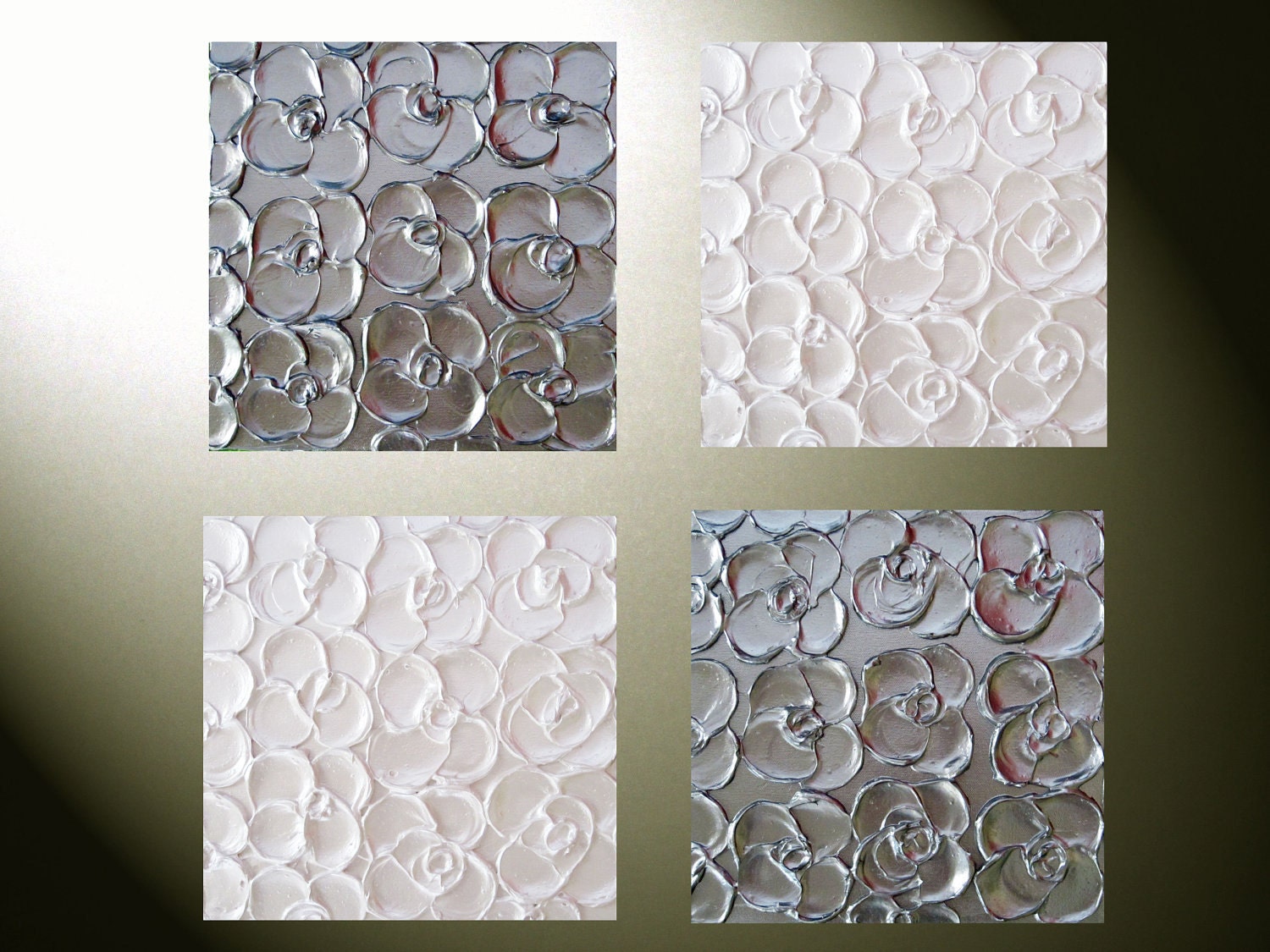 Original Art Abstract Paintings Metallic Sculpted Wall Decor Set of 4 -12x12 Textured Silver, Pearl White Flowers MADE TO ORDER
