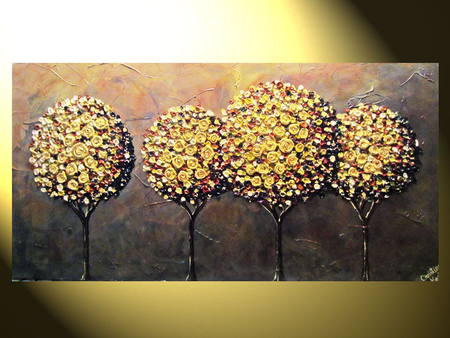 Original Abstract Painting, Modern Textured Painting, Gold Autumn Tree Painting, Palette Knife, Home Decor, XL 48x24", by Christine