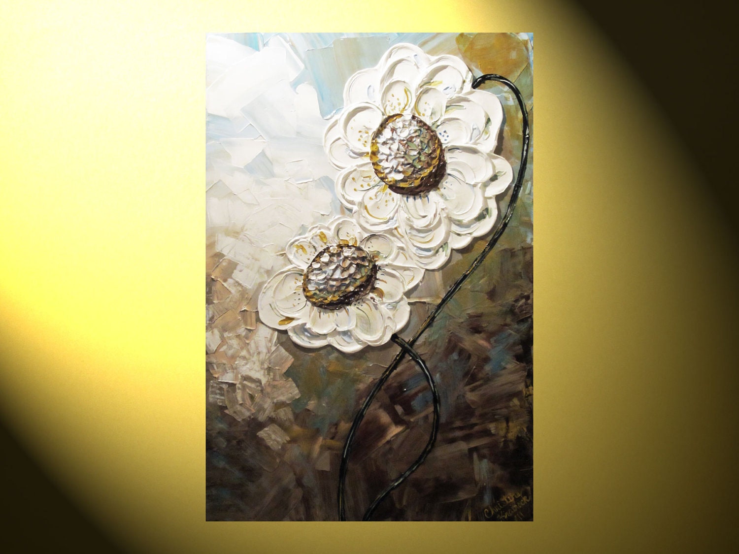 SALE 25% Art Original Abstract Painting, Modern Textured White Flowers Painting Palette Knife Blue Brown, 36x24" - Christine