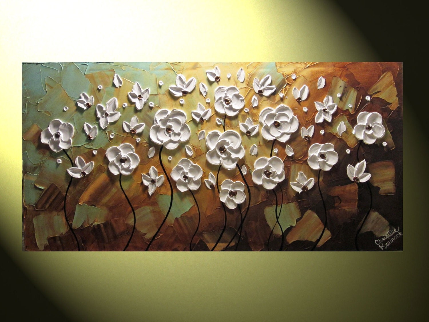 Original Abstract Textured Painting, White Floral Painting, Modern Flower Painting, Poppies Blue Brown Gold Palette Knife, 24x48" -Christine