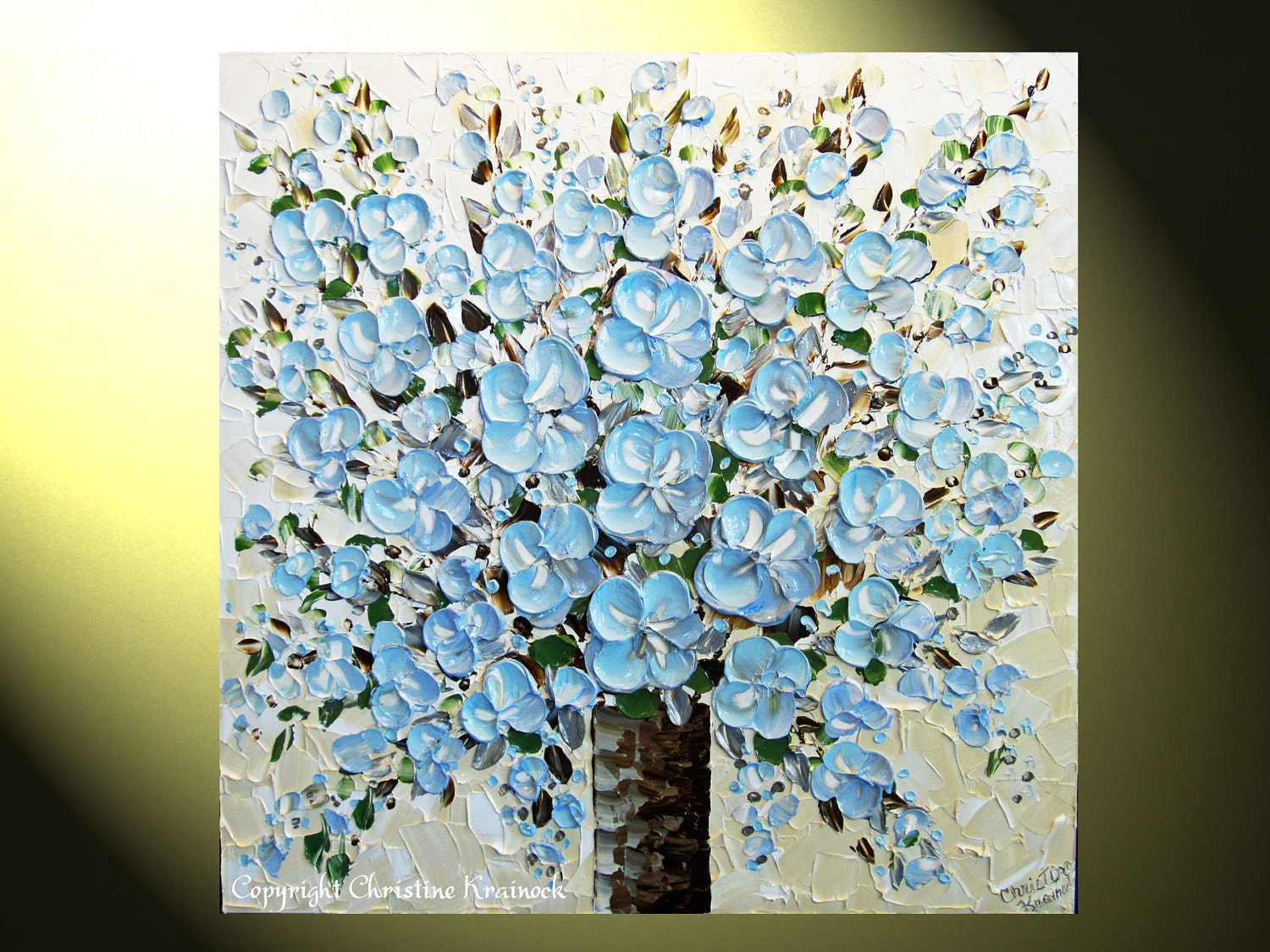 Original Abstract Painting, Blue Flower Textured Palette Knife Large Modern Art, Blue Brown White, Floral Bouquet 30x30" -Christine