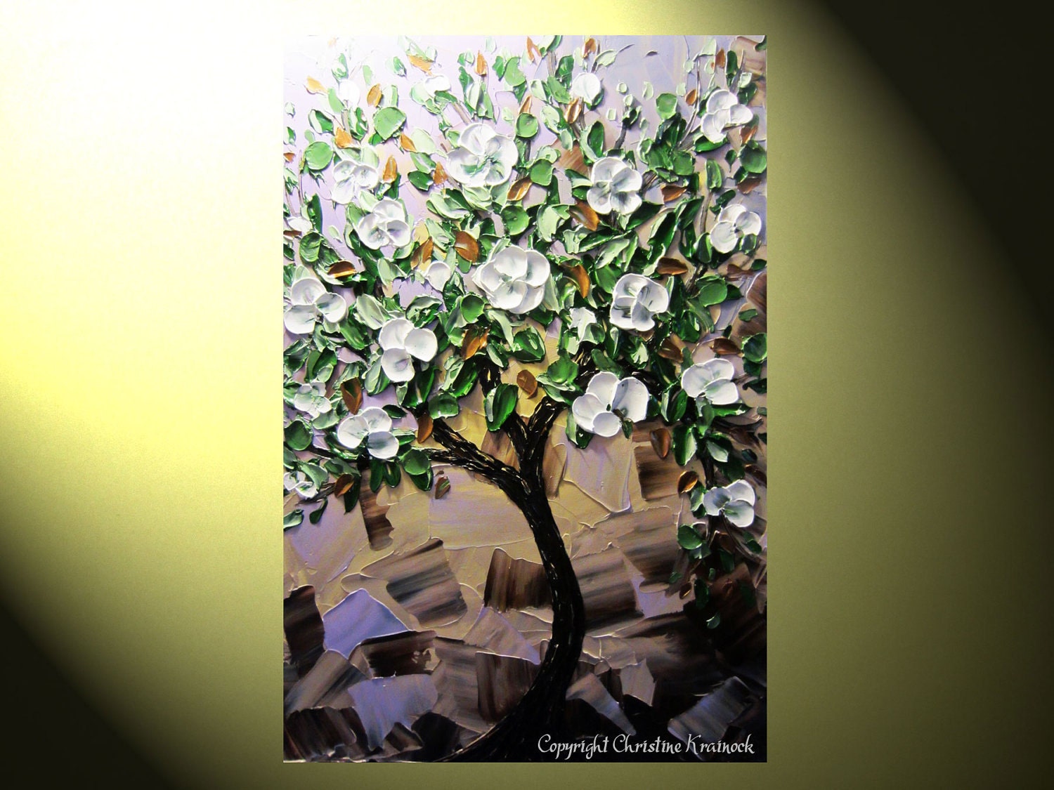 Original Abstract Painting Tree White Flowers, Magnolia Tree, Textured Palette Knife, Purple Green Brown 25% SALE, 36x24" Christine
