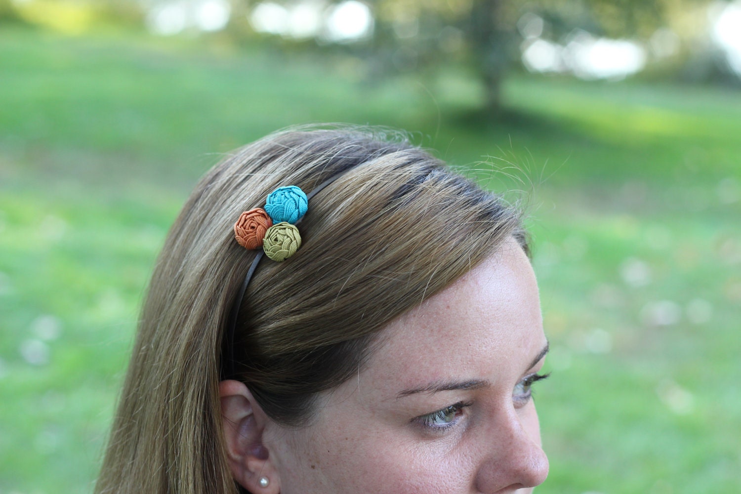 Burnt Orange, Aqua and Gold Rosette Headband for Women . Gifts for Her . by ponyupdesigns