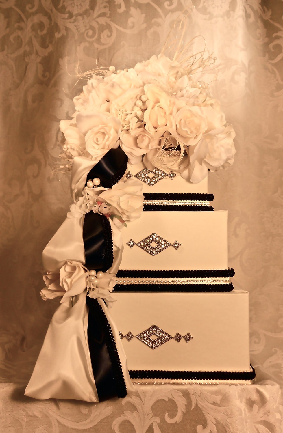 Wedding Card Box Cream and Black,   Reception Card Box, Elegant with Secured Lock