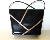 Black Patent Hand Bag Purse Retro Handbag Gold Silver Trim