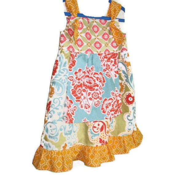 Girls Knot Dress Patchwork Secret Garden Floral Print Green Blue Yellow