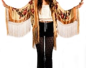Champagne Floral Velvet Burnout Gypsy Fringe Beaded Kimono Jacket