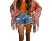 Dusty Pink Floral Velvet Burnout Gypsy Fringe Beaded Kimono Jacket
