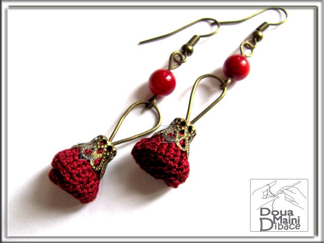 Red earrings, crochet earrings, coral earrings, textile jewelry, romantic jewelry, bohemian earrings, fiber - "Scarlet Flower"