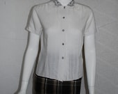 1950s White Peter Pan Collar Blouse, Rhinestones, Button Front, Small