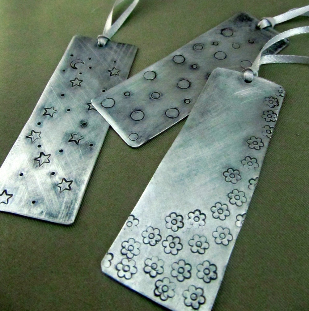 Bookmarks - Set of 3 - Hand Stamped Silver with Ribbon