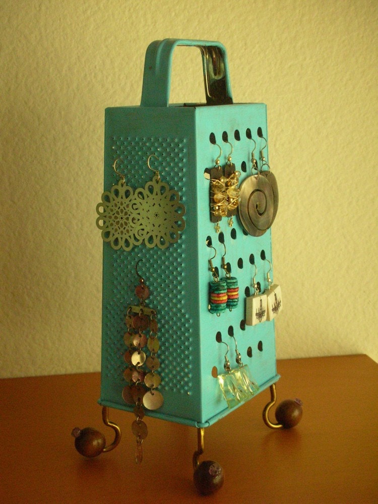 Unique Earring Stand,  Fun Surrealistic Style Retro Industrial Object,Turquoise , Re Purposed Cheese Grater