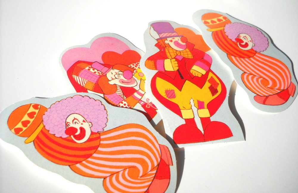 Vintage Valentines: Whimsical Clowns in Orange, Red and Lavender - ManateesToyBox