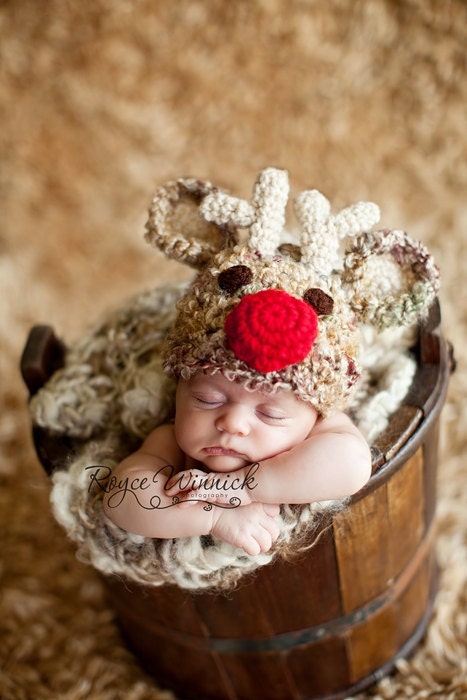 Santa's Reindeer Hat Baby Boy or Baby Girl Photography Prop Sizes Preemie, Newborn, 0-3 months, 3-6 months