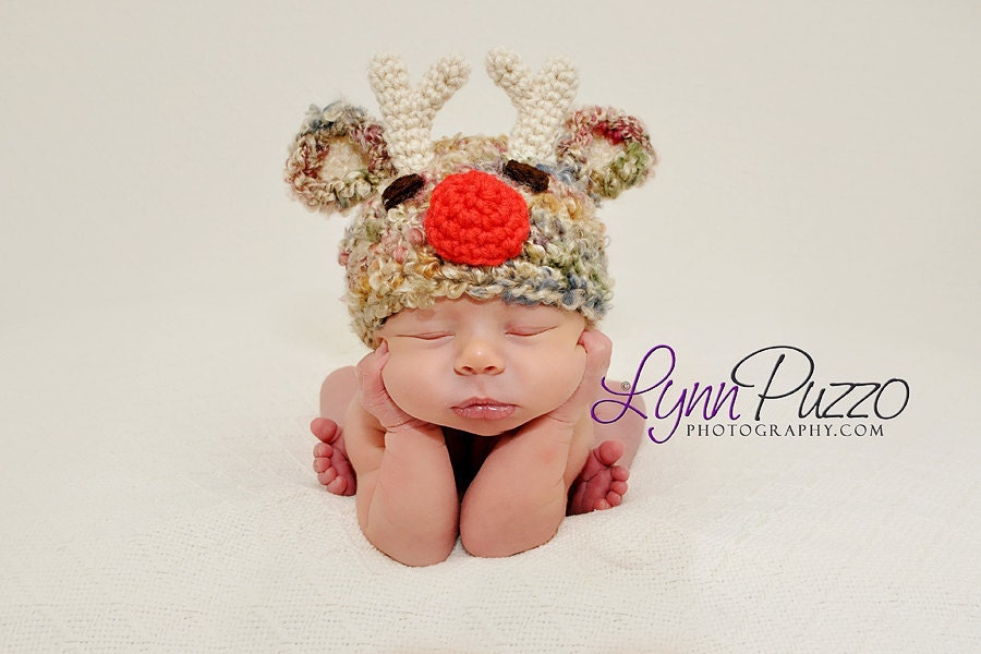 Santa's Reindeer Hat Baby Boy or Baby Girl Photography Prop Sizes Preemie, Newborn, 0-3 months, 3-6 months