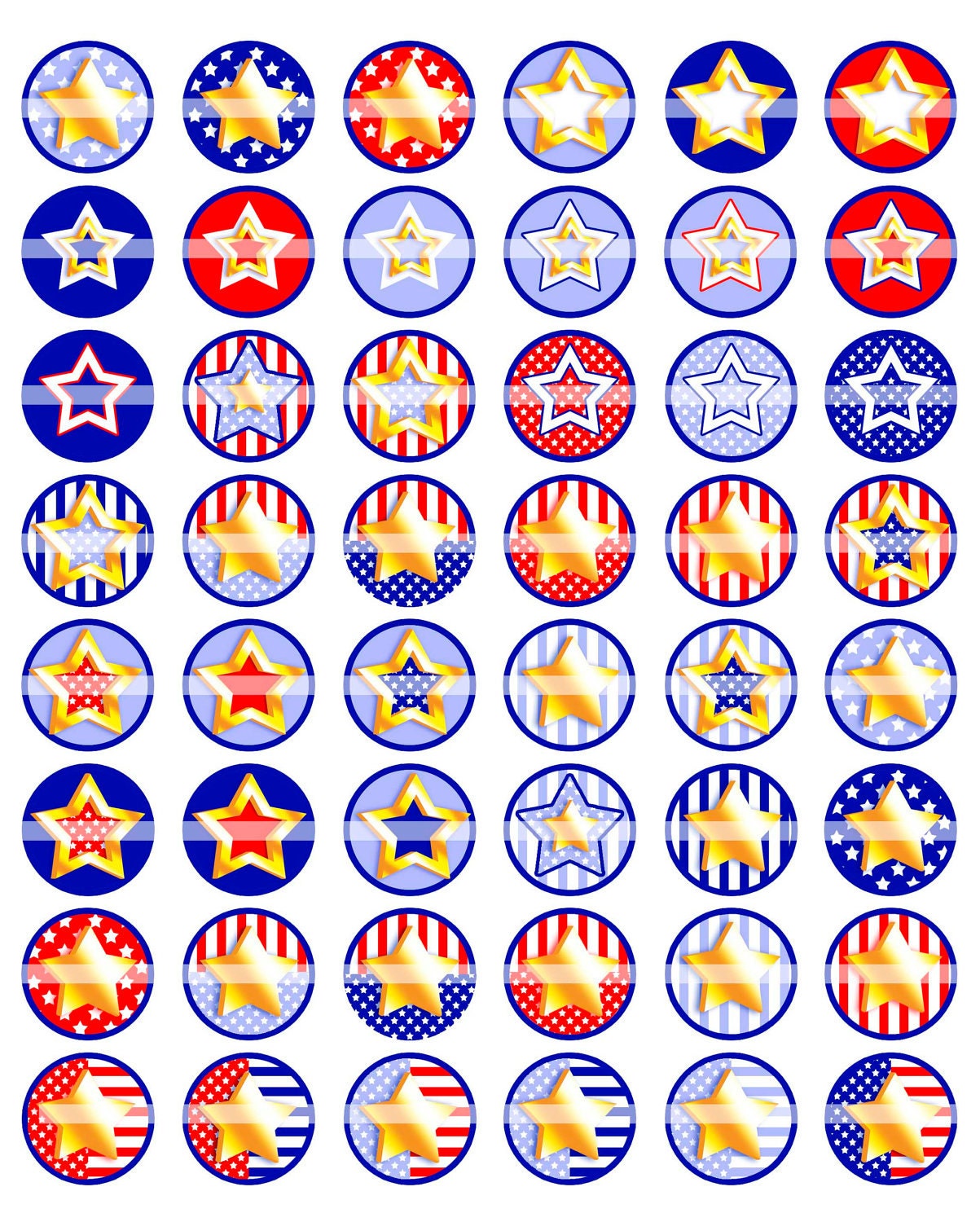 Fourth of July Circles, July 4--Gold Star--Red White Blue--48  1 inch Circles--Digital Collage Sheet (8.5 by 11 inches)  104