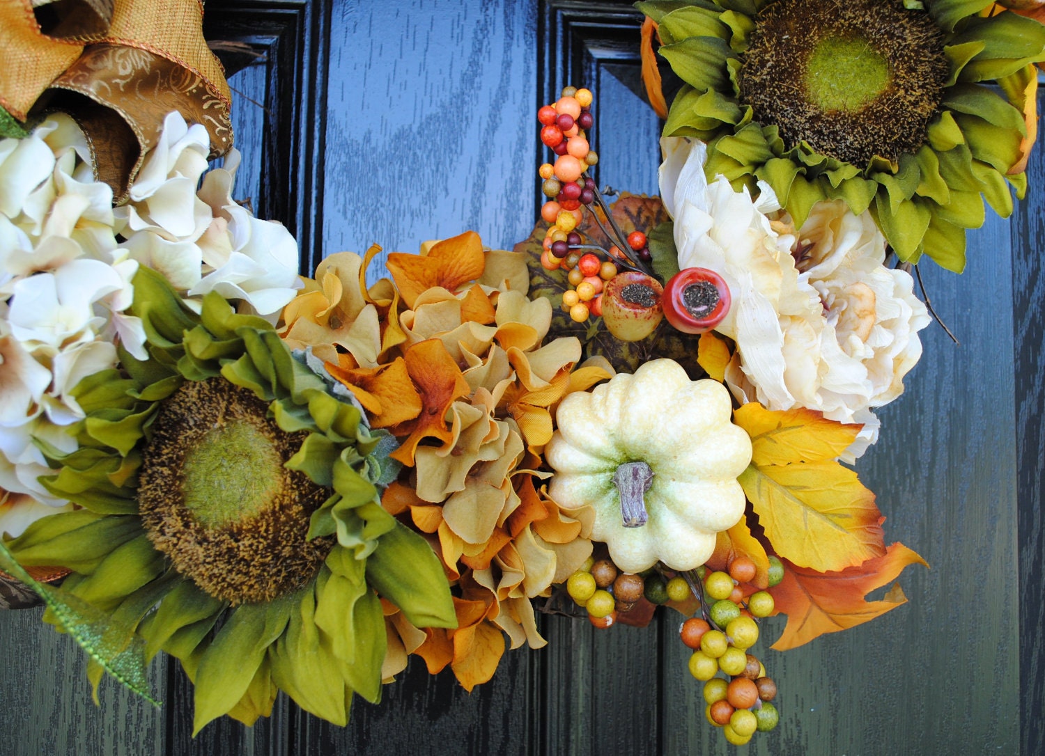 Fall Wreath Elegant Green Sunflowers Cream and Brown Hydrangeas Cream Popies White Pumpkins 20 inch
