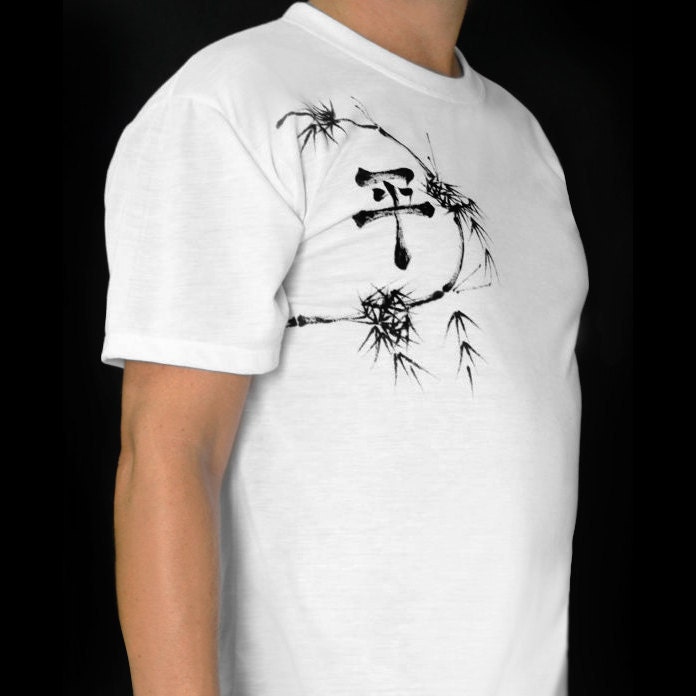 White Cotton T-Shirt Hand Painted with a Chinese Symbol