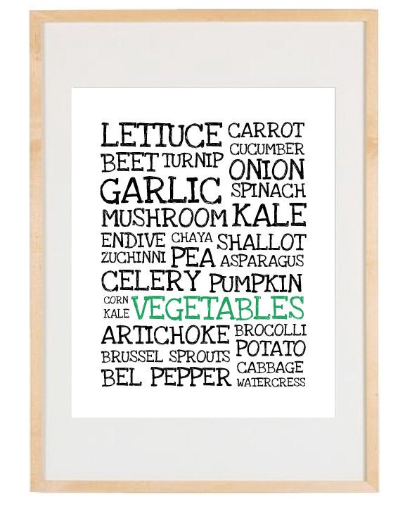 Art for Kitchen - Typography - Vegetable Love - 8.5x11 Poster - Digital Illustration