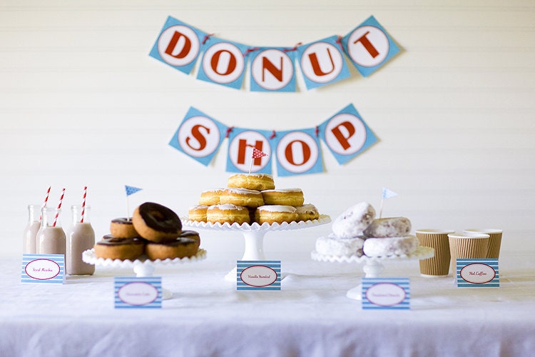 INSTANT DOWNLOAD Retro Donut Shop Printable Set Banner, Food Labels tent cards, Food Flags