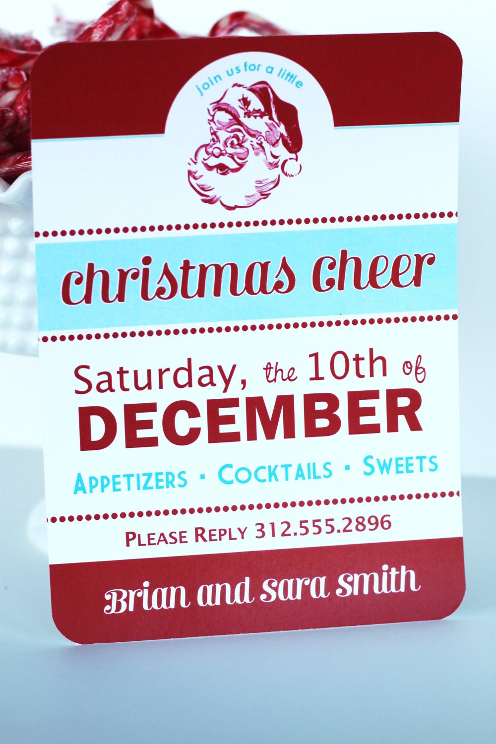 Printable Christmas Cheer invitation Retro Santa Design holiday aqua blue red Il_170x135
