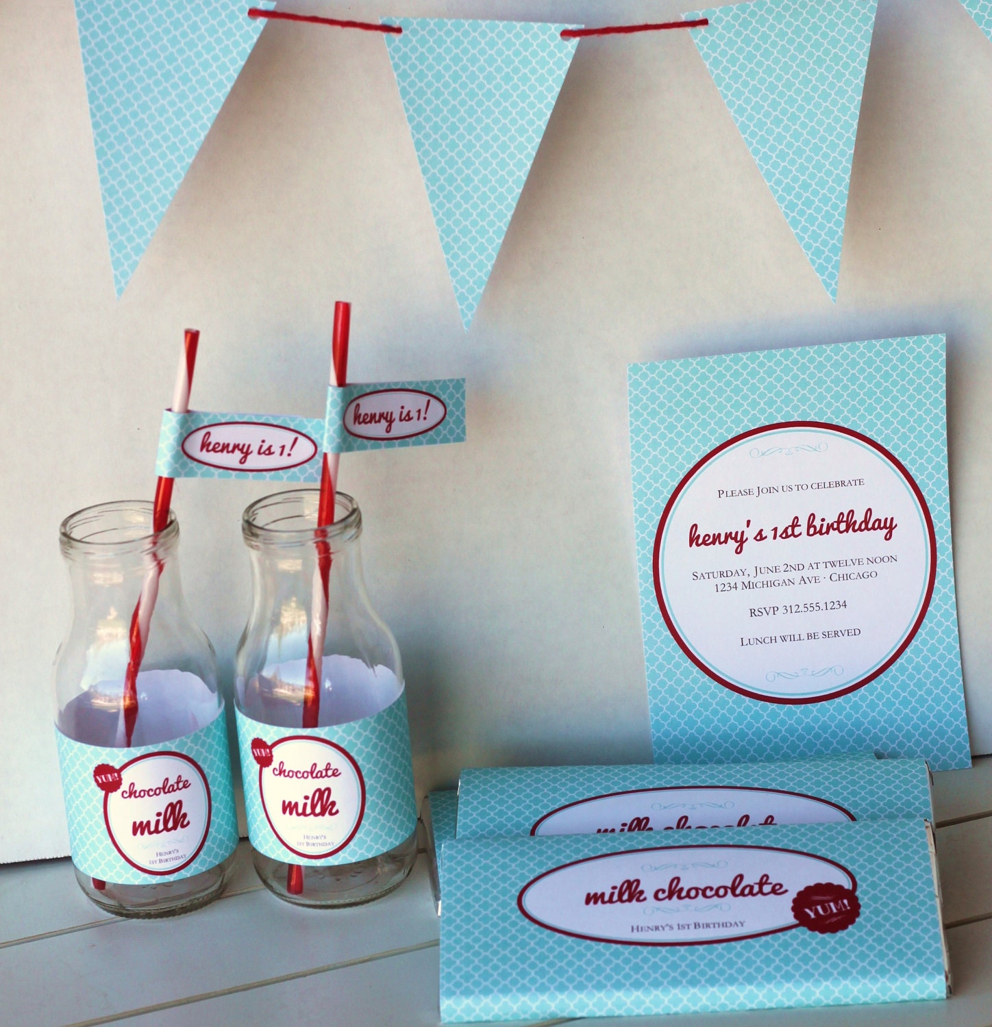 Printable DIY Aqua Red Retro Party Set- Invitations, Bottle Wraps, Straw Flags, Pennant Flags Banner, Candy Bar Wrappers Il_170x135
