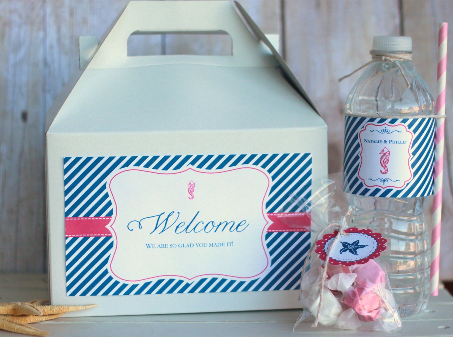 15 Wedding Welcome Kits- Gable Boxes, Labels, Water Bottle Wraps and Favor Tags- Navy Pink Preppy Beach Il_170x135