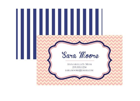 Calling Card Printable - Front and Back Design - Pink - Navy - Chevron - Stripe Il_570xn